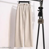 Beige cotton blend pleated button pants for work, high-quality office attire with a baggy fit
